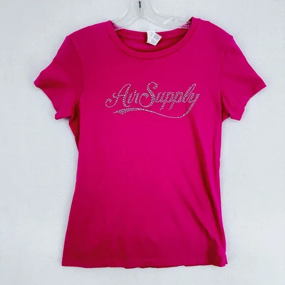 Air Supply Rhinestone T-Shirt Womens Pink Tee Short Sleeve Round Neck Cotton - Picture 2 of 11